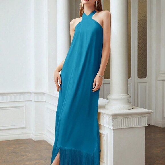 TEAL BLUE PREPPY WOMENS FRINGE HEM CROSS HALTER DRESS - Picture 1 of 5